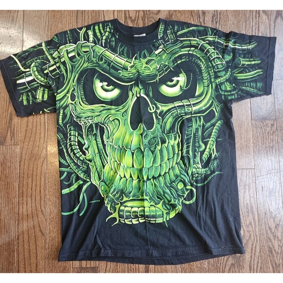 Vintage 1998 Liquid Blue Terminator Skull All Over Print Graphic T Shirt Size XL - Picture 1 of 13